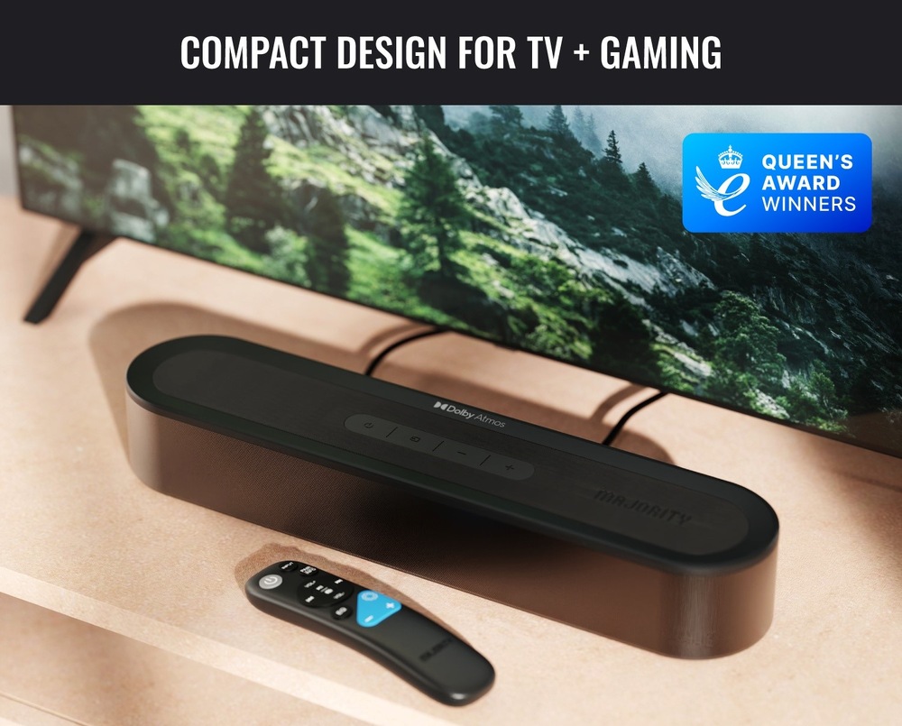 Soundbar Majority Halo 5.1 Atmos černý Součástí balení je i dálkové ovládání pro pohodlnou obsluhu bez nutnosti vstávání.