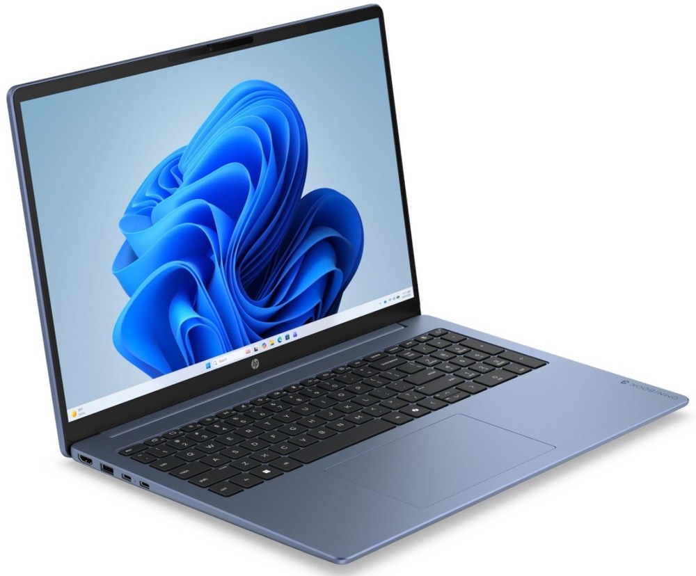 Notebook HP OmniBook 3 16-bu0013ncx + Game Pass předplatné na 2 měsíce modrý Notebook HP OmniBook 3 v šikmém pohledu s tenkým provedením