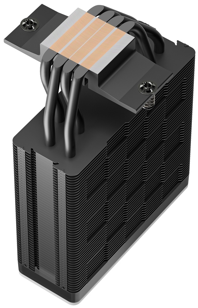 Chladič CPU DeepCool AG400 ARGB V2 černý Pohled odspodu chladiče. Vidíme žebrování a také 4 heatpipe, které odvádí teplo pryč rychle a stabilně.