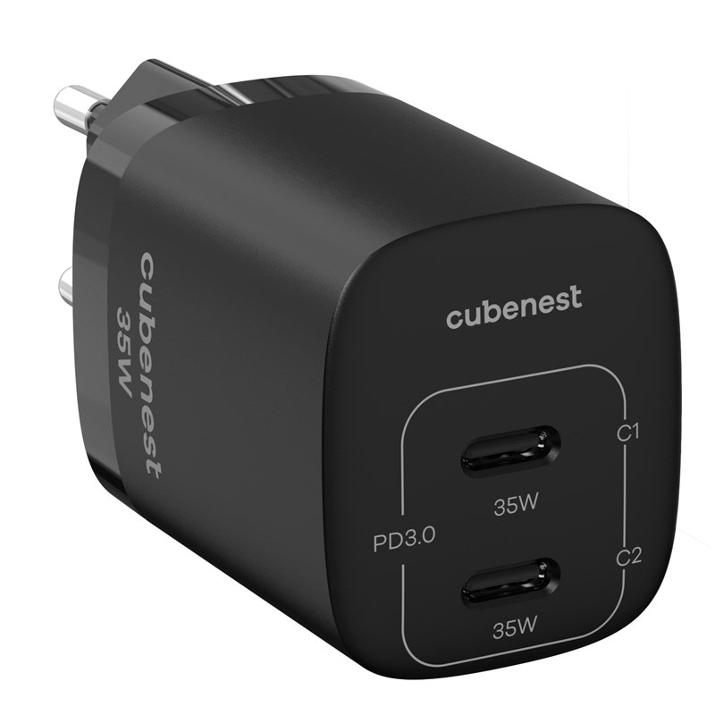 Nabíječka do sítě Cubenest S2D1, PD 2xUSB-C, GaN, 35W černá