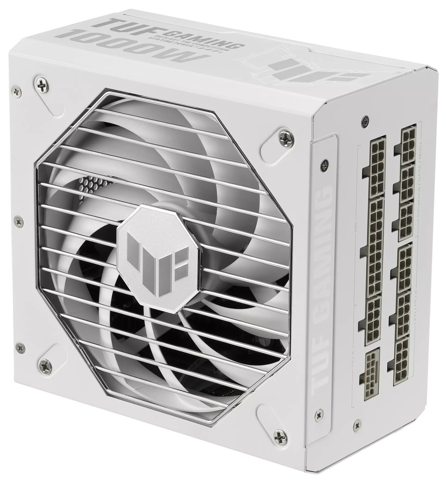 Zdroj Asus TUF Gaming 1000W WHITE 80+ Gold Foto zdroje na výšku. Zachycena přední strana s mřížkou před ventilátorem a boční strana s výbavou portů.