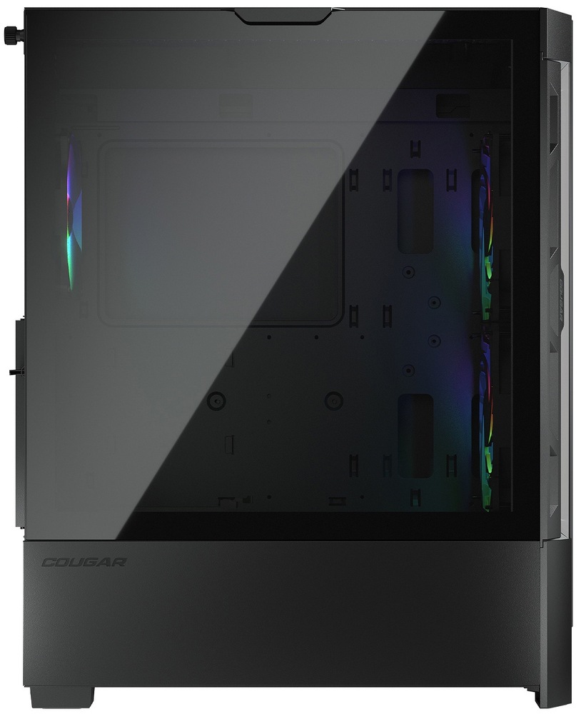 Case Cougar DUOFACE RGB černá Pohled z boku do prázdné PC skříně před skleněnou bočnici. Ilustruje velký vnitřní prostor.