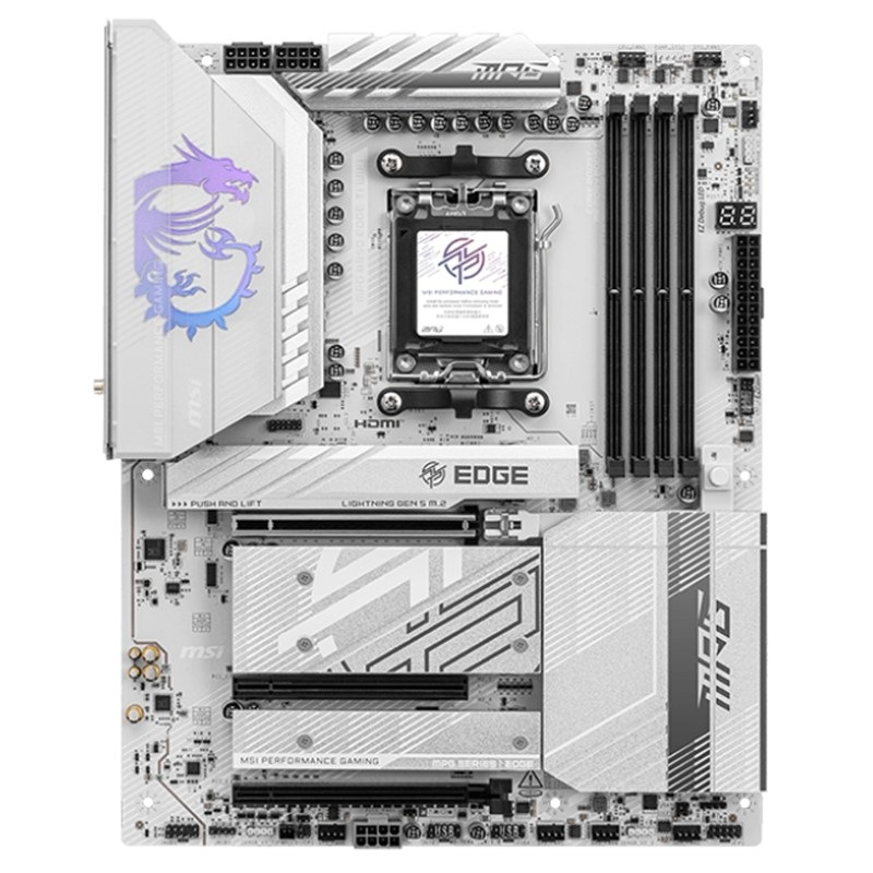 Základní deska MSI MPG B850 EDGE TI WIFI Základní deska MSI MPG B850 EDGE TI v bílé a stříbrné barvě.