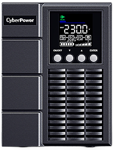 Na obrázku je záložní zdroj (UPS) Cyber Power Systems OnLine S 1000VA/900W, Tower z čelního pohledu. Má podobu černé stojaté věže s rovnými hranami. V horní části čela je velký barevný displej s čísly a ikonami (na ukázce „230 V“) a pod ním řada kulatých tlačítek pro ovládání. Spodní část čelní strany tvoří velká větrací mřížka pro chlazení. Na levé straně čela je logo CyberPower a několik horizontálně členěných panelů.
