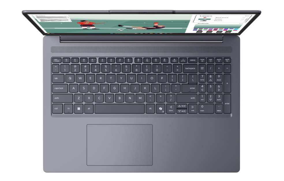 Pohled shora na klávesnici notebooku Otevřený a zapnutý notebook Lenovo IdeaPad Slim 3 16IPH11