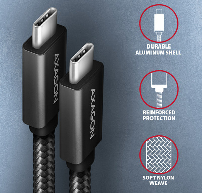Kabel Axagon SPEED+ USB-C / USB-C, 1,5m, PD 100W, 4K HD, pletený černý AXABUCM32CM15AB