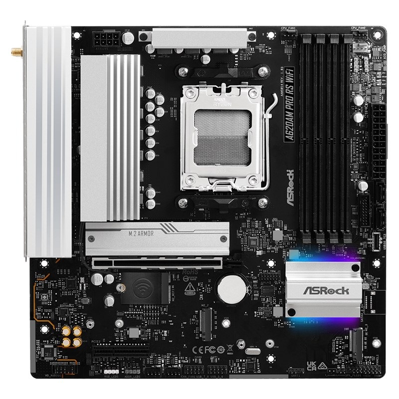 Základní deska ASRock A620AM PRO RS WIFI ve stříbrné a černé barvě.