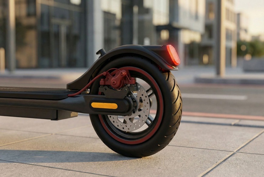 Detail zadního kola elektrické koloběžky Sencor SCOOTER S31 s kotoučovou brzdou, červeným brzdovým třmenem a výrazným zadním světlem. Robustní pneumatika a pevná konstrukce podtrhují stabilitu a bezpečnost při jízdě.