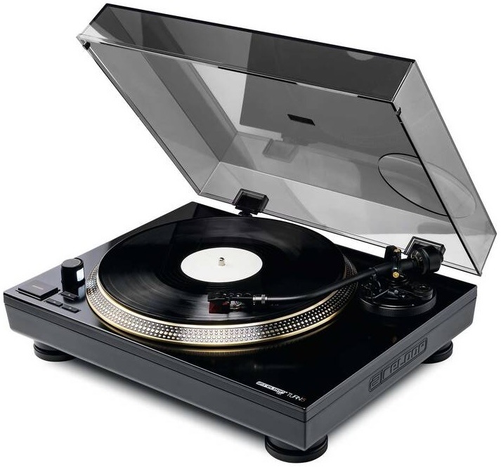 Gramofon Reloop Turn5 s černým piano finišem, zlatě eloxovaným talířem a S-raménkem