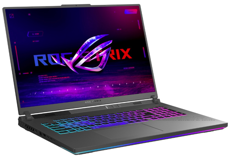 Asus ROG Strix G18 z levého úhlu s 18" displejem a RGB klávesnicí