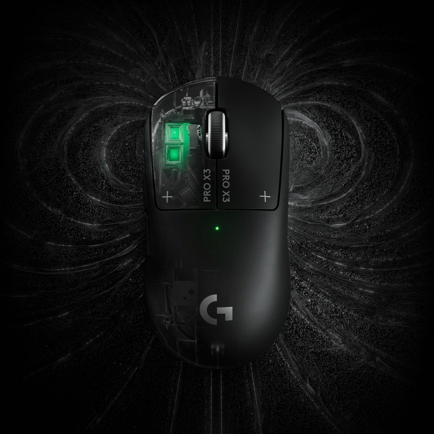 Myš Logitech G PRO X3 SUPERSTRIKE černá Myš Logitech G PRO X3 Superstrike z horního pohledu s grafickým zvýrazněním vnitřních komponent