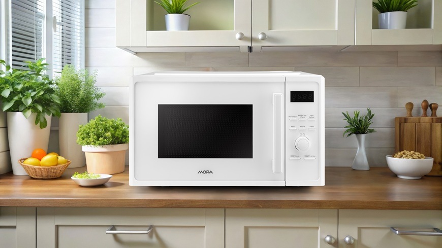 Na obrázku je mikrovlnka Mora MT423W v bílém provedení, umístěná na lince v kuchyni 