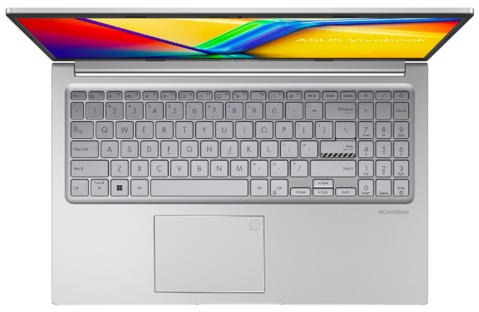Pohled shora na klávesnici s numerickým blokem a touchpad notebooku ASUS Vivobook 15