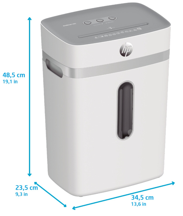 Rozměry Skartovače HP OneShred 12CC 48,5 × 34,5 × 23,5 cm