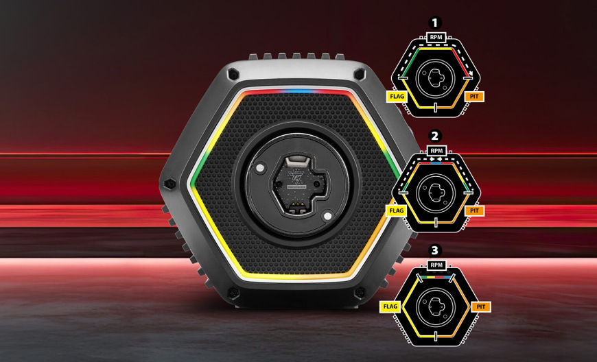 Základna Thrustmaster T818 Black Edition Direct Drive černá Čelní pohled s RGB lištou a indikací režimů