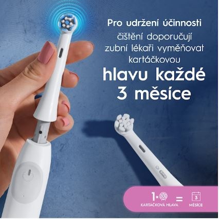 Náhradní hlavice Oral-B iO Gentle Care White (6 ks) bílá Kartáček Oral-B iO Gentle Care White drží v ruce žena, je znázorněn jejich pohyb při čištění zubů.