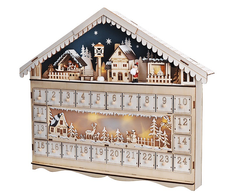 LED dekorace Solight adventní kalnedář - horská chata, 10x LED, 50x40cm, 2x AA