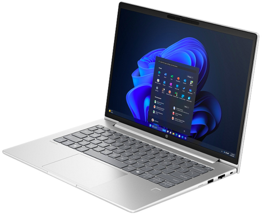 Otevřený HP ProBook 4 G2a 14″ R5-23 zprava s klávesnicí a displejem Windows 11 Pro