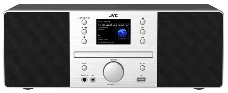 Čelní pohled na All-in-One audio systém JVC RD-E874B v černém provedení s texturou dřeva, stříbrným předním panelem, barevným displejem, CD mechanikou a USB portem