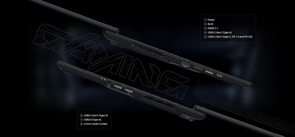 Boční pohled na elegantní herní notebook s viditelnými porty – včetně USB, HDMI a audio.