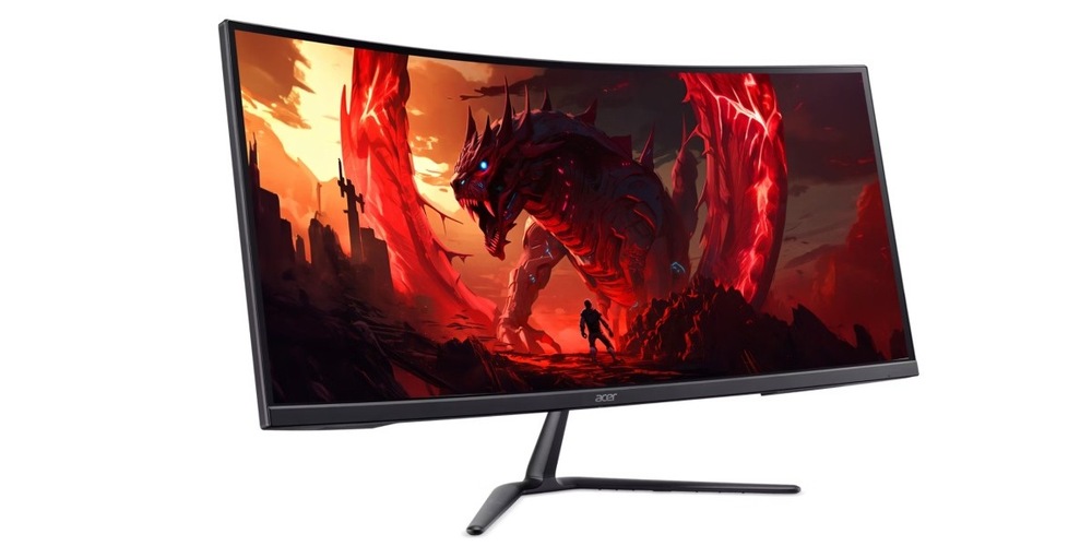 Herní monitor Acer Nitro ED340CUR J0bmiipx zapnutý a natočený doleva
