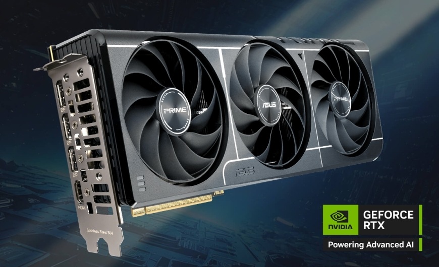 Grafická karta Asus GeForce RTX 5060 Ti PRIME 8G Asus Prime GeForce RTX 5060 Ti 8G prezentovaná v herním prostředí s logem NVIDIA GeForce RTX Powering Advanced AI