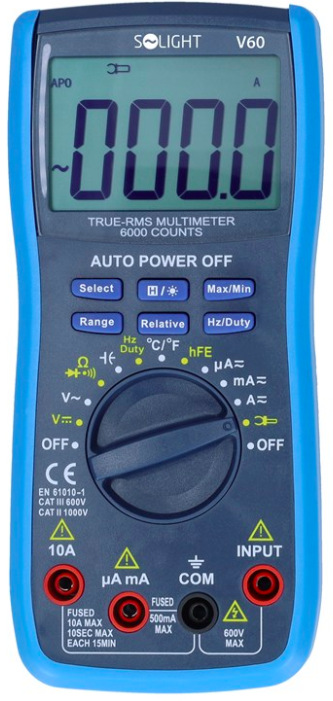 Multimetr Solight V60 s podsvíceným LCD displejem a otočným voličem měřicích funkcí z čelního pohledu