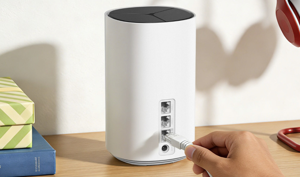 Router Mercusys Halo E85X se zapojovaným ethernetovým kabelem do 2,5Gb/s portu