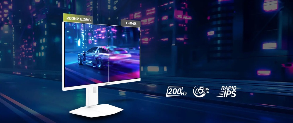 Herní monitor MSI MAG 274QRFW E20 bílý Obrázek počítačového monitoru zobrazujícího závodní vůz na rozdělené obrazovce s porovnáním 200 Hz a 60 Hz. Pozadí má zářivá neonová světla města a text zvýrazňuje „200 Hz“, „0,5 ms“ a „Rapid IPS“, což naznačuje vysoký výkon a rychlost.