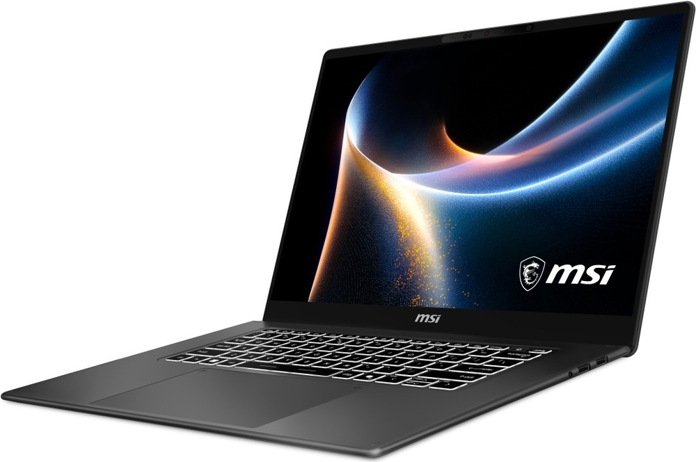 Notebook MSI Prestige 16 AI+ C3MG-240CZ šedý Šikmý pohled na notebook MSI Prestige 16 AI+ s rychlým procesorem a AI akcelerací
