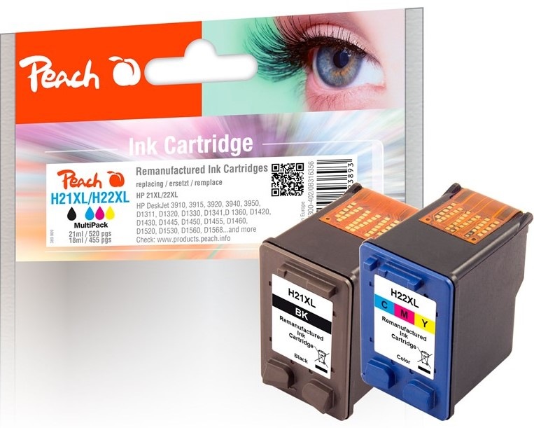 Inkoustová náplň Peach HP 21XL/22XL, MultiPack, 520/455 stran - CMYK