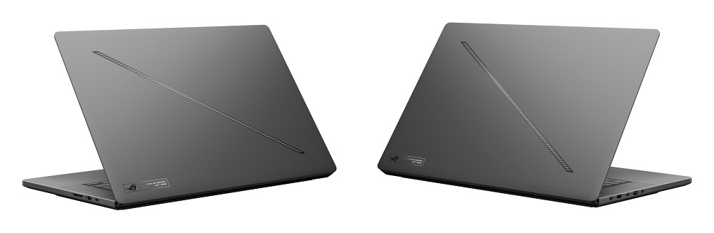 Notebook Asus ROG Zephyrus G16 šedý Pootevřený notebook Asus ROG Zephyrus G16 zezadu dvakrát