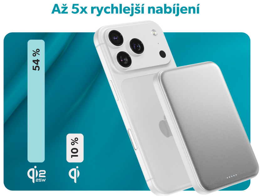 Powerbanka Epico UltraPack Qi2 25W Slim 5000mAh hliníková Mag+ EM55 stříbrná Srovnání rychlosti Qi2 bezdrátového nabíjení 25 W u powerbanky Epico UltraPack EM55