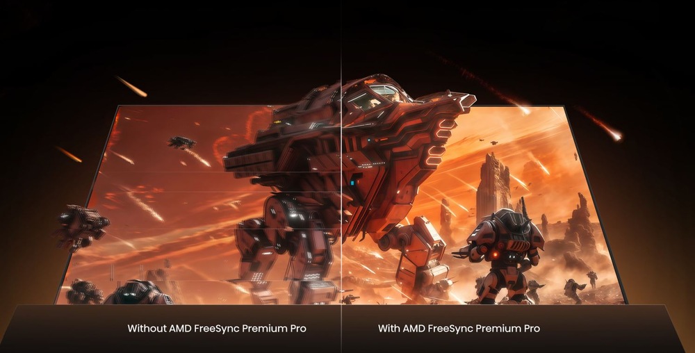 výjev ze hry na televizi Hisense. Na jedné půlce je vidět obraz s technologii AMD Freesync Premium pro, na druhé ne.