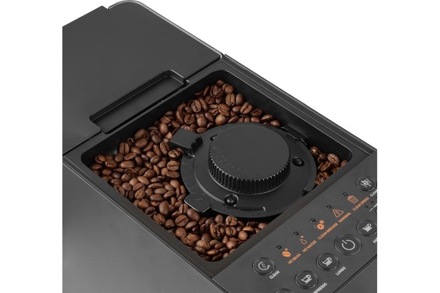Integrovaný nerezový kónický mlýnek automatického kávovaru Sencor SES 6100BK s 15 stupni hrubosti mletí a zásobníkem na 180 g zrnkové kávy pro čerstvě namleté espresso.