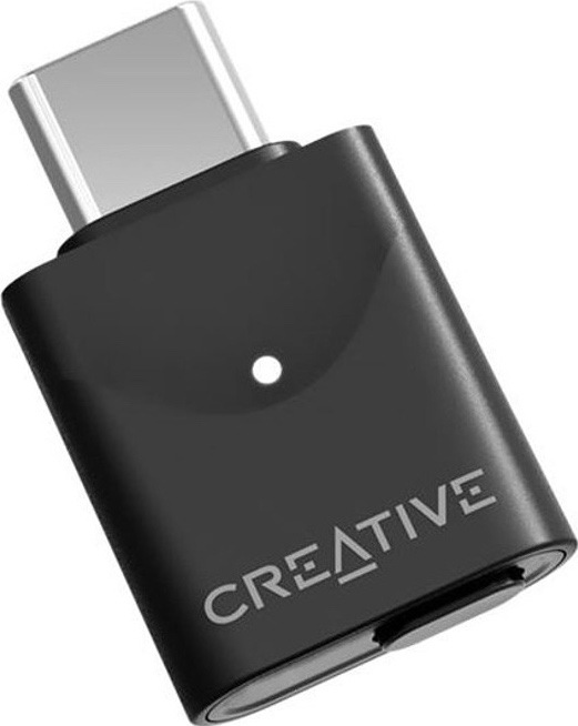 Černý Bluetooth transmitter Creative BT-W6 s konektorem USB-C a přední LED kontrolkou.