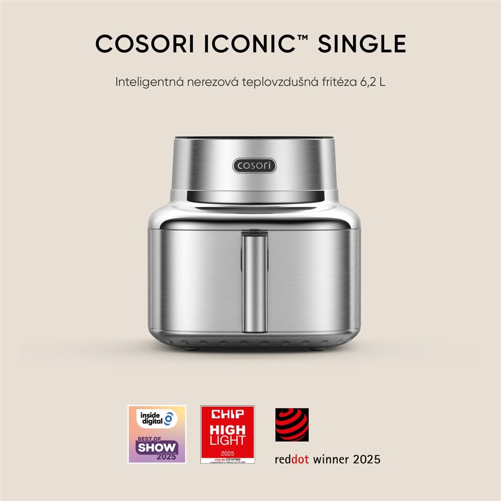 Fritéza horkovzdušná COSORI Iconic Single, 6,2 l nerez Fritéza s velkým objemem 6,2 l.
