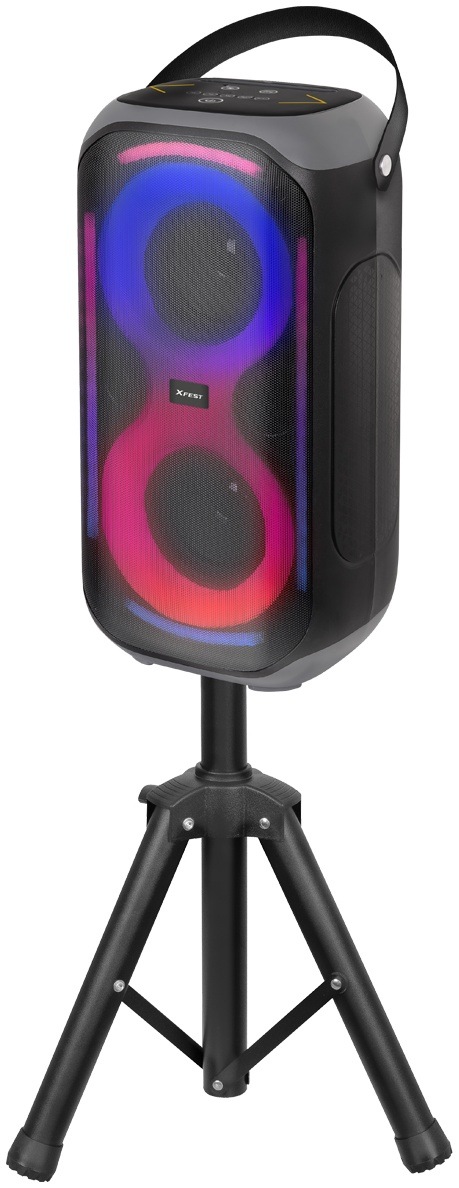 Party reproduktor Trevi XFM 225 W černý Reproduktor Trevi XFest XF 225 W na stativu s RGB podsvícením, pohled z boku.