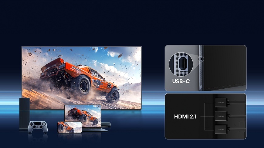 ukázka konektorů Televize Hisense 65UR9S a příslušenství, které lze připojit