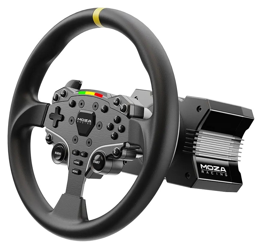 Elegantní volant pro závodní simulátory s černým a metalickým povrchem, řadou tlačítek a centrálním logem.