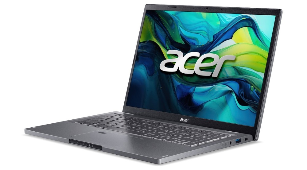Notebook Acer Aspire 14 (A14-51M-33LA) šedý Otevřený a zapnutý notebook Acer Aspire 14 (A14-51M-33LA) natočený doleva