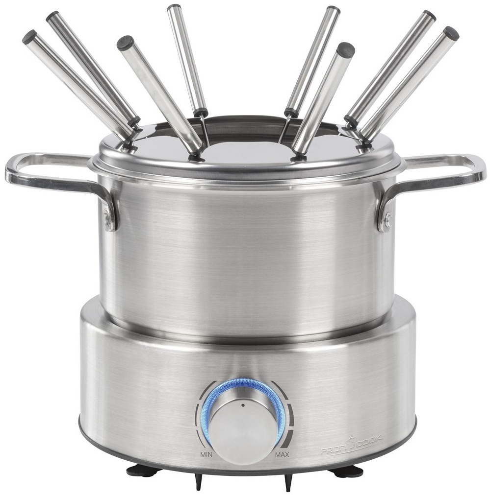 Fondue Profi Cook FD 1288 nerez Fondue ProfiCook FD 1288 z čelní strany s osmi vidličkami
