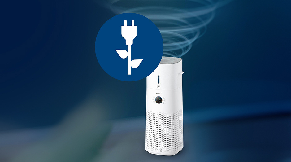 Čistička vzduchu Philips AC3737/10 Series 3000 vypouštějící vír vzduchu a znázorňující úsporu energie
