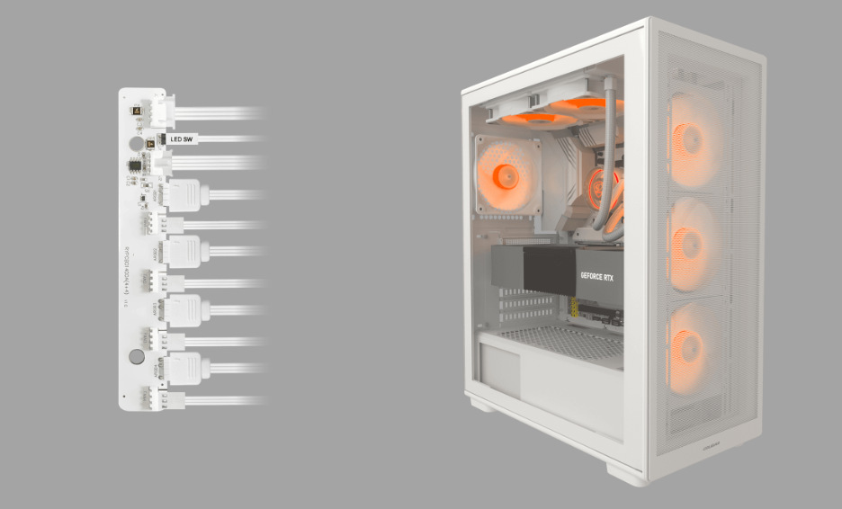 Case Cougar MX220 RGB Mesh/TG černá Cougar MX220 RGB Mesh/TG má už z výroby předinstalované čtyři ventilátory