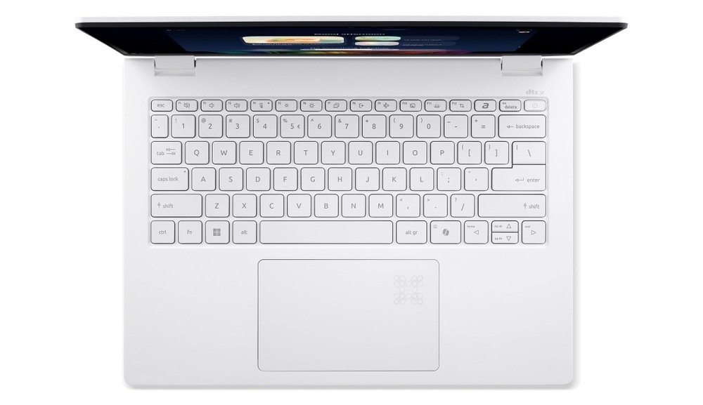 Notebook Acer Swift Edge 14 AI (SFE14-I51-75MG) bílý Pohled shora na klávesnici notebooku Acer Swift Edge 14 AI (SFE14-I51-75MG)