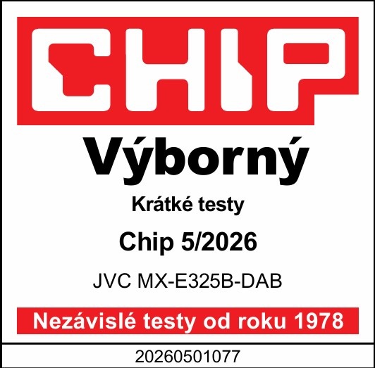 Certifikát nezávislého testu časopisu Chip, vydání květen 2026. Hodnocení „Výborný“ v kategorii Krátké testy pro model JVC MX-E325B-DAB
