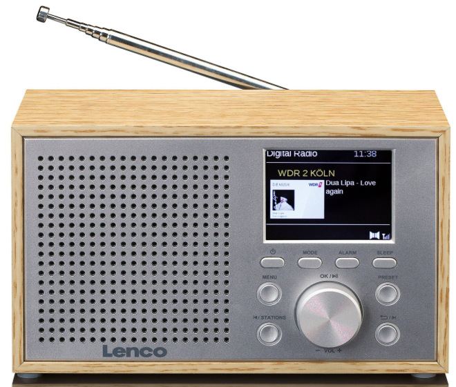 Radiopřijímač s DAB+ Lenco DAR-017WH hnědý Přední pohled na radiopřijímač Lenco DAR-017WH s LCD displejem, reproduktorem a otočným ovladačem