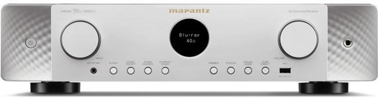 Stříbrno-zlatý AV Receiver Marantz Cinema 70S S2 s kruhovým displejem a předním ovládáním