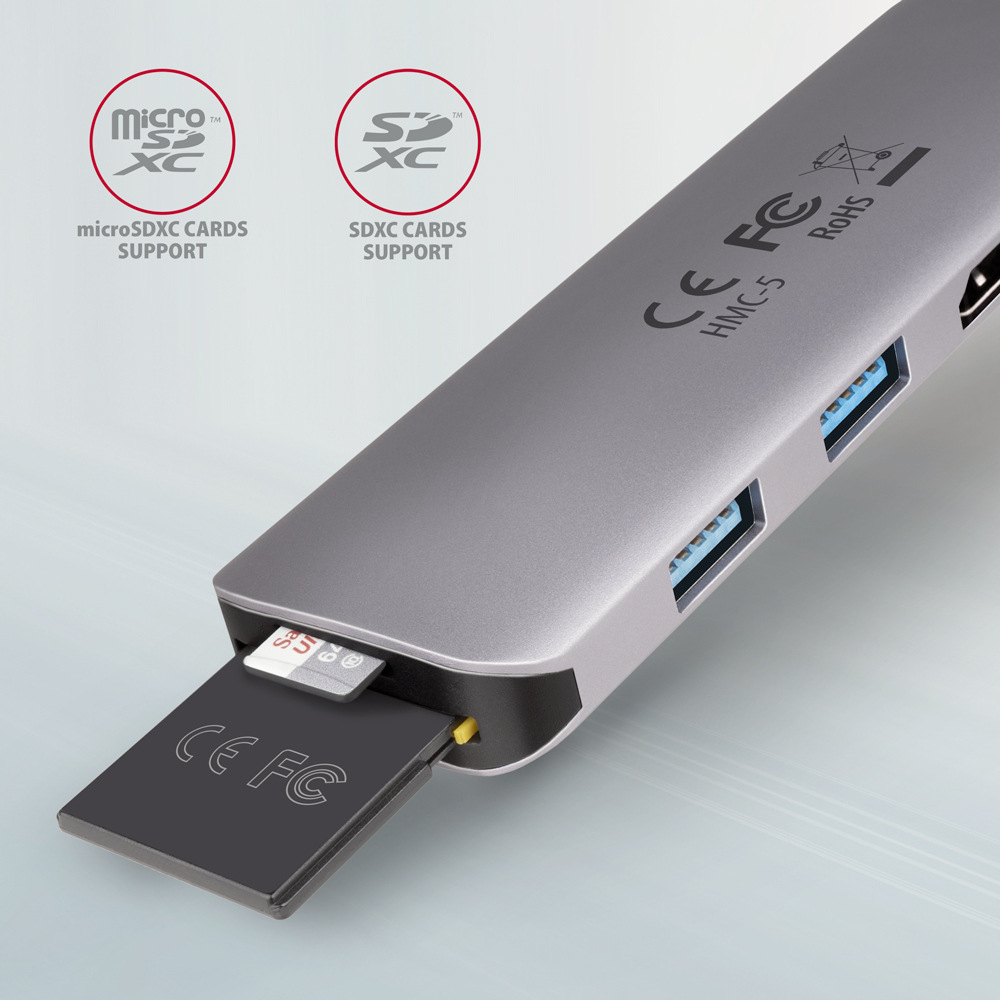 USB Hub Axagon USB 3.2 Gen 1 hub, 2x USB-A, HDMI, SD/microSD slot, PD 100W, kabel USB-C 20cm šedý USB Hub Axagon USB 3.2 Gen 1 hub, 2x USB-A, HDMI, SD/microSD slot, PD 100W, kabel USB-C 20cm šedý