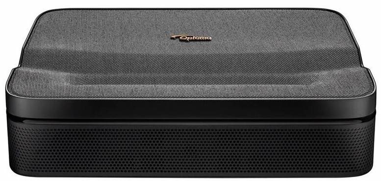 Optoma Photon Go v černé barvě zepředu s textilním povrchem a minimalistickým ultrakrátkým designem